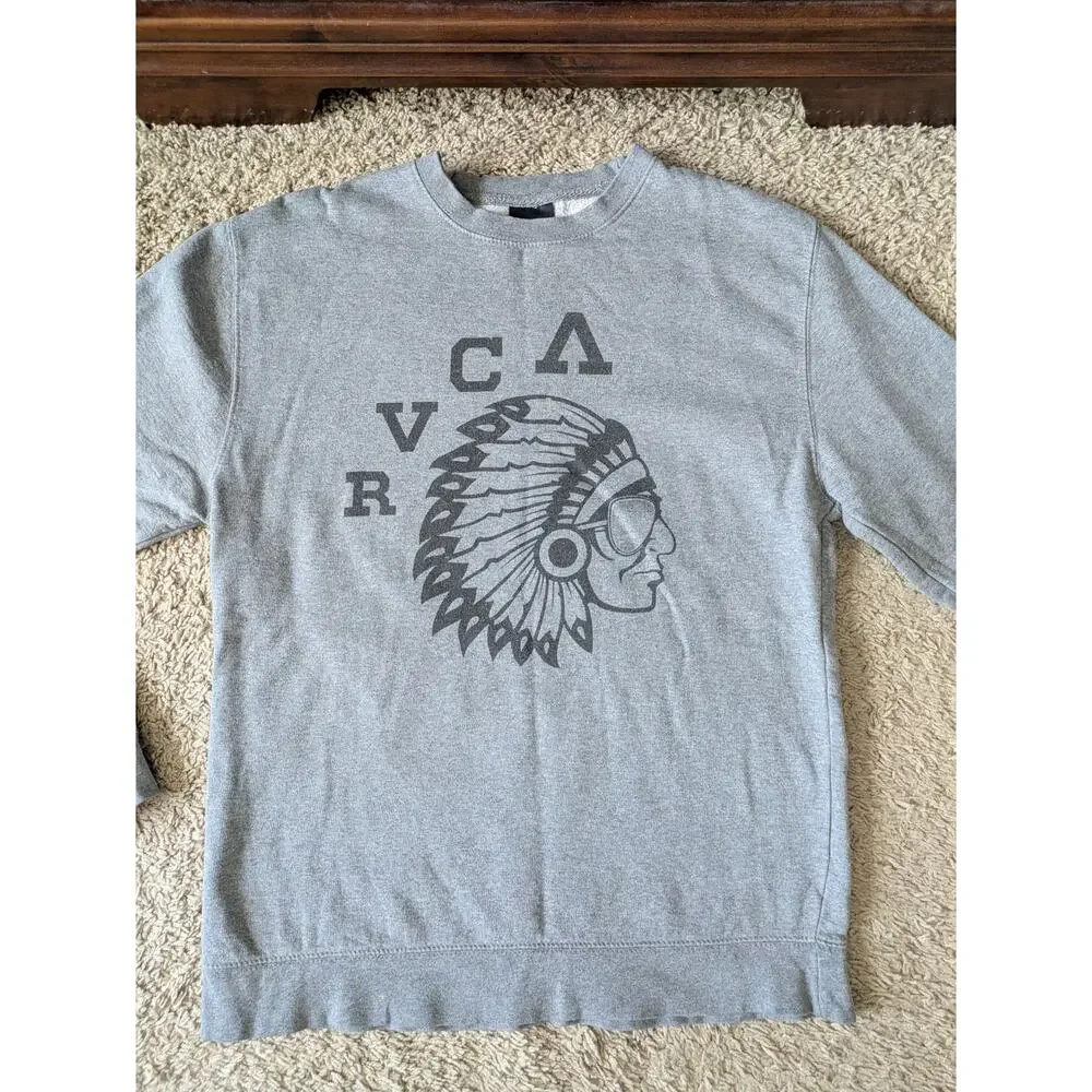 RVCA Sweatshirt Men M Gray Native American Graphic Indian-Chief Skater Steetwear